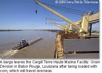 A barge leaves the Cargill Terre Haute Marine Facility: Grain Division in Baton Rouge, Louisiana after being loaded with corn, which will travel overseas.